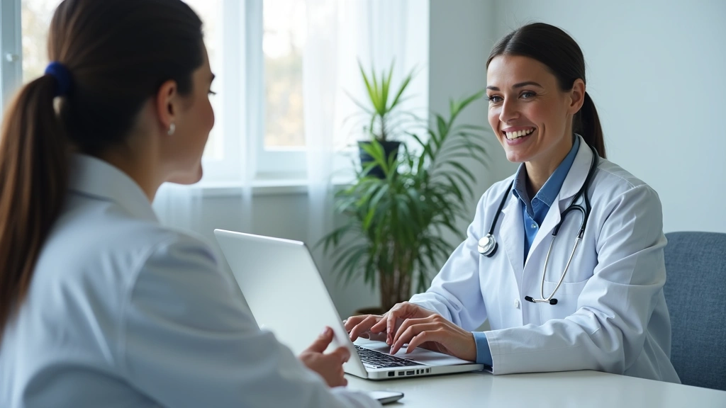 Healthcare provider in white coat conducting virtual consultation on laptop with patient visible on screen, professional medical office background, telemedicine setup