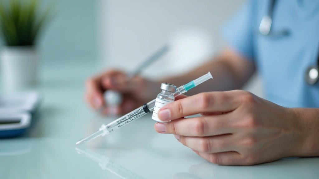 Close-up of hands holding semaglutide injection pen with medication vial, clean medical workspace, professional healthcare im