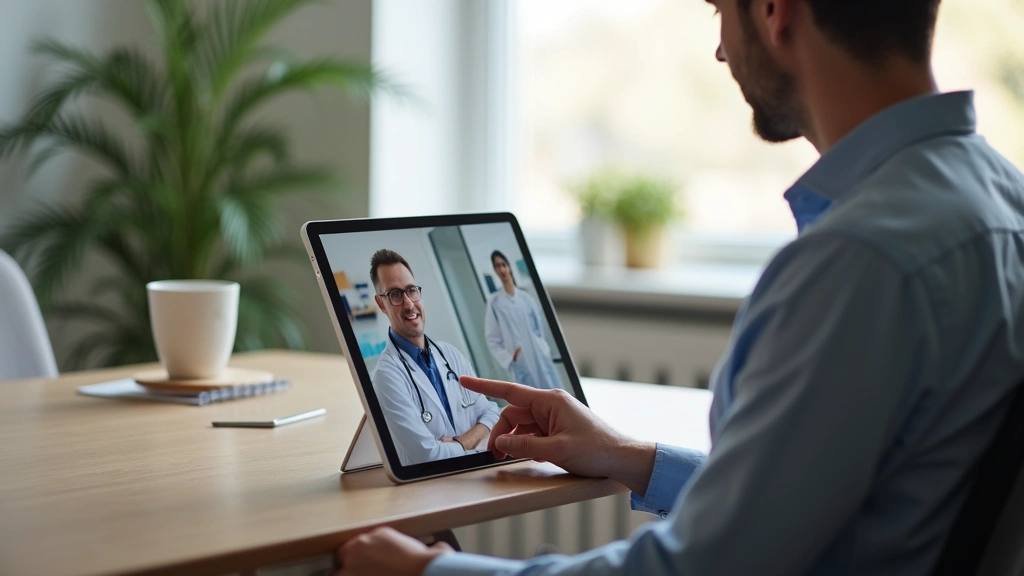 Patient receiving telehealth consultation on tablet device with doctor visible, home office setting, modern digital health te