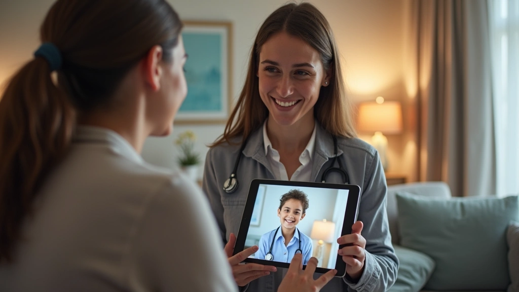 Professional female speech-language pathologist conducting a telehealth video session on a tablet with a patient, modern home office background with soft lighting