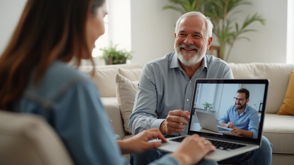 Middle-aged adult man smiling during a telehealth speech therapy session on a laptop in a comfortable, private home setting