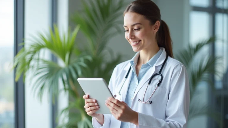 Professional woman doctor wearing white coat having video consultation on tablet computer in modern medical office, calm friendly expression, bright natural lighting