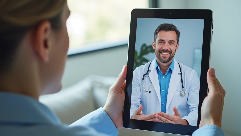 Patient using tablet for virtual doctor visit with healthcare provider on screen, bright medical office background, professio