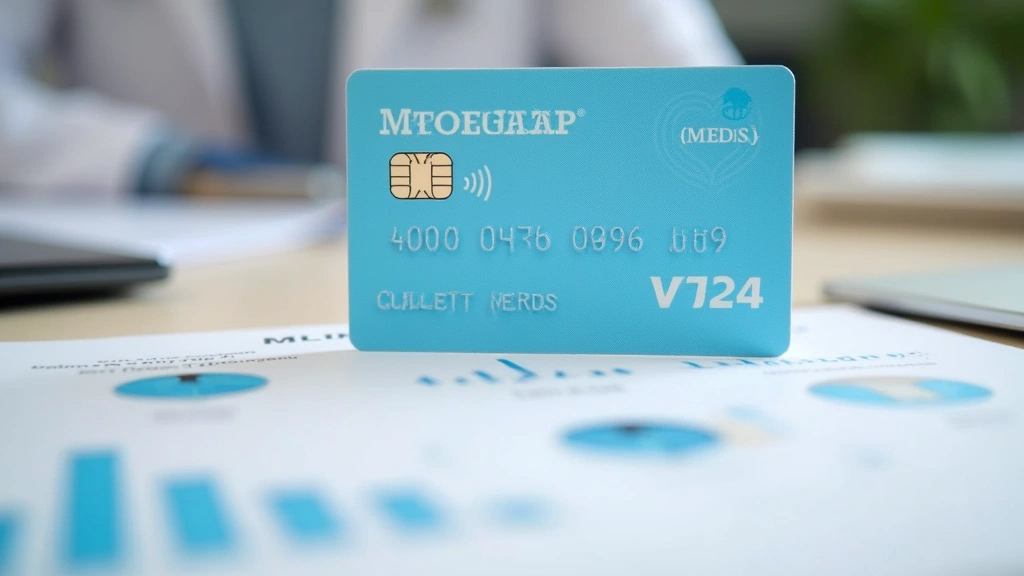 Close-up of Medicaid insurance card with member ID number visible, healthcare documentation on desk, professional medical off