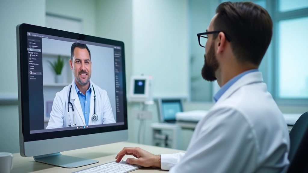 Healthcare provider in white coat during video consultation, computer screen showing patient interface, modern clinic backgro