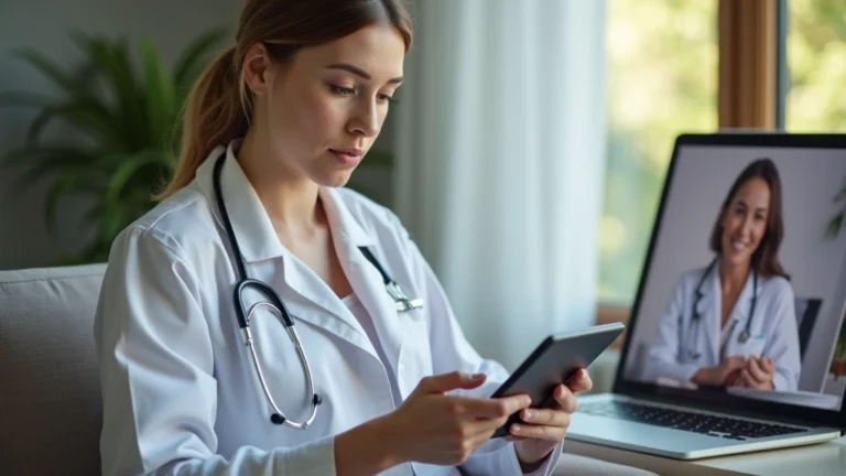 Female patient in home setting using tablet for video consultation with healthcare provider, professional medical setting, natural lighting, calm expression