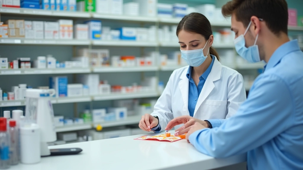 Pharmacist preparing antibiotic prescription at pharmacy counter, professional healthcare environment, organized medication s
