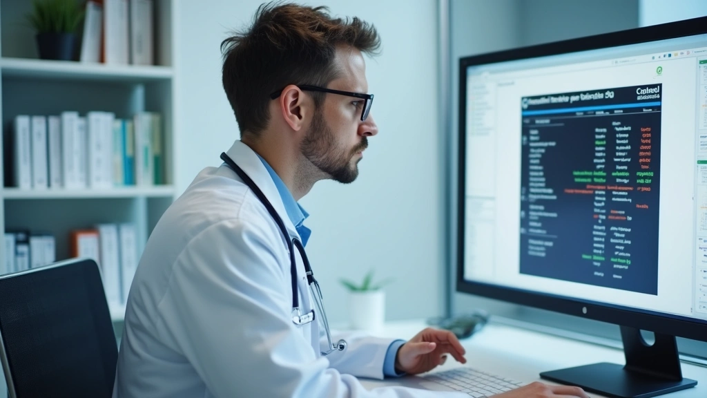 Healthcare provider in clinical setting reviewing urine test results on computer screen, modern medical office, professional 