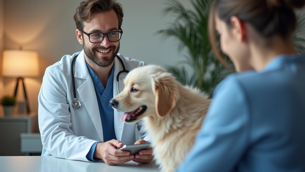 Veterinarian in white coat consulting with pet owner via video call on tablet, professional clinic background, warm lighting