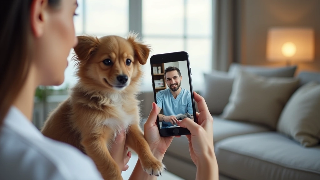 Pet owner holding small dog while video chatting with veterinarian on smartphone, home environment, natural window lighting