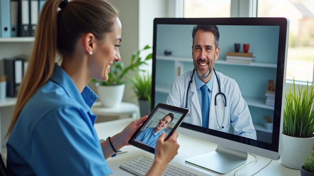 Healthcare provider conducting virtual video consultation with patient on tablet, professional medical office setting, patient at home with computer