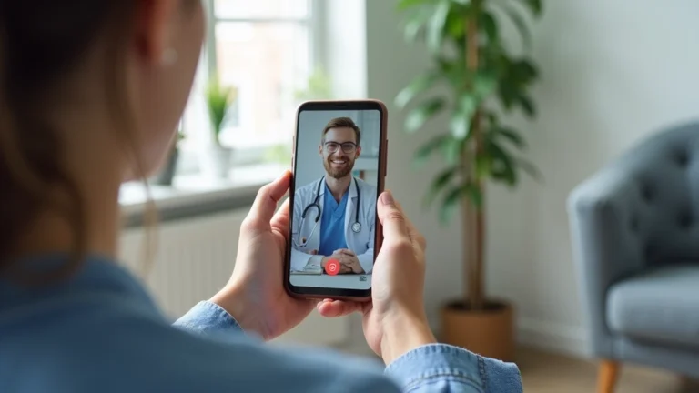 Patient using smartphone for telehealth video consultation with doctor in modern home setting, calm professional healthcare environment
