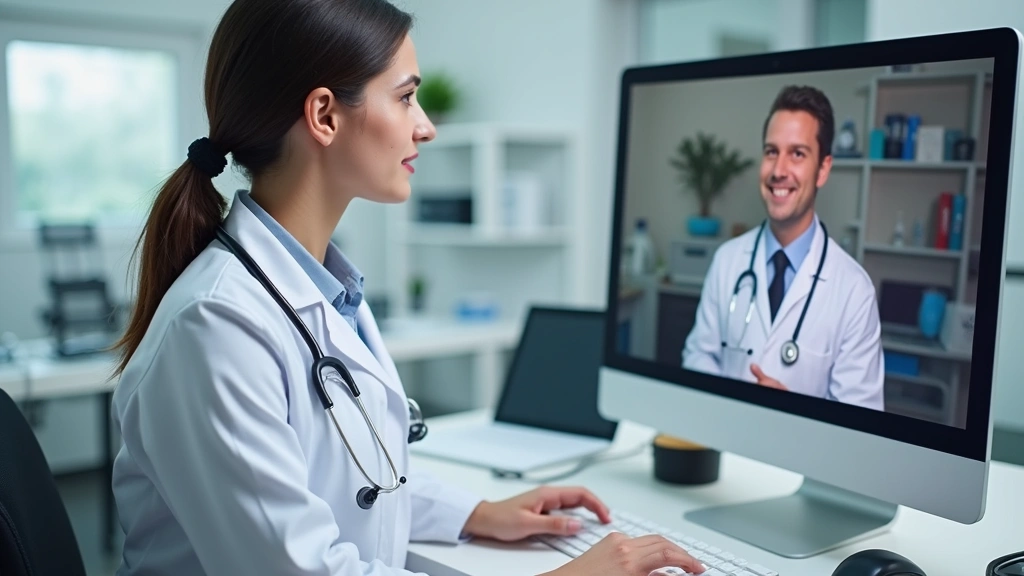 Healthcare provider in white coat during virtual video call on computer, medical office background with medical equipment vis