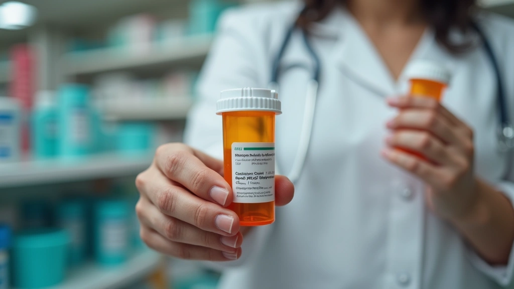 Uninsured patient holding prescription medication bottle after telehealth consultation, pharmacy setting with discount pharma