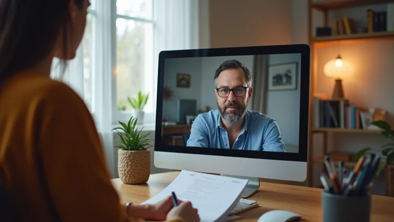 Female patient in home office on video call with male psychiatrist on computer screen, professional medical consultation setting, warm lighting, patient taking notes