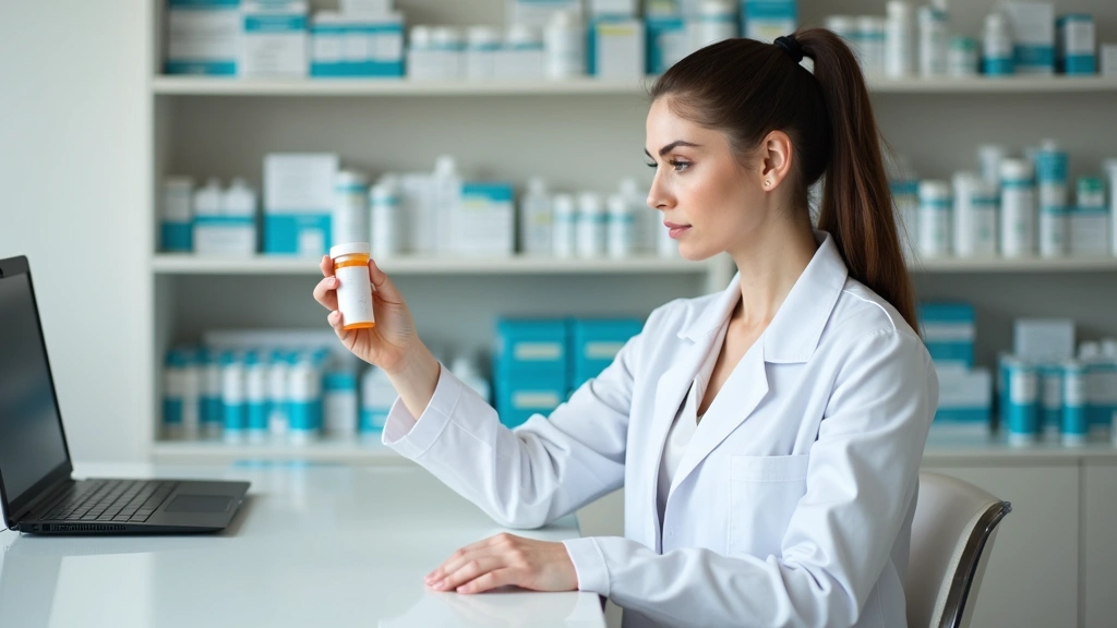 Pharmacist in white coat at pharmacy counter holding prescription bottle, shelves of medications in background, professional 