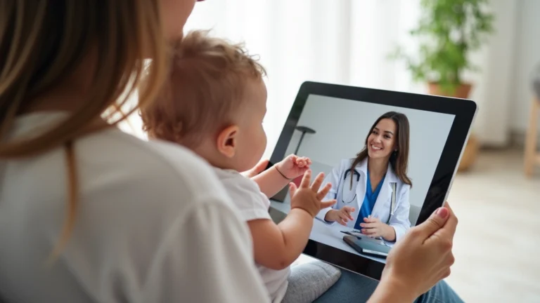 Mother and infant during virtual pediatric consultation on tablet, healthcare provider visible on screen, bright home setting, natural lighting, genuine interaction