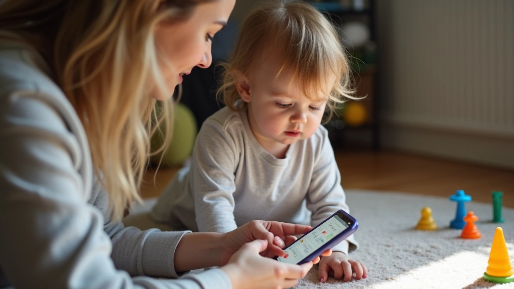 Parent completing developmental assessment questionnaire on smartphone while toddler plays safely nearby, warm home environme