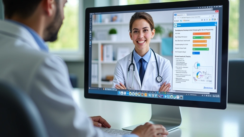 Pediatrician reviewing child development report on computer screen in professional telehealth setting, detailed medical chart