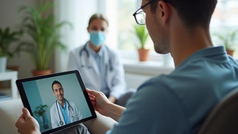 Patient sitting at home video conferencing with a doctor on tablet, professional medical setting in background, natural lighting, healthcare technology visible