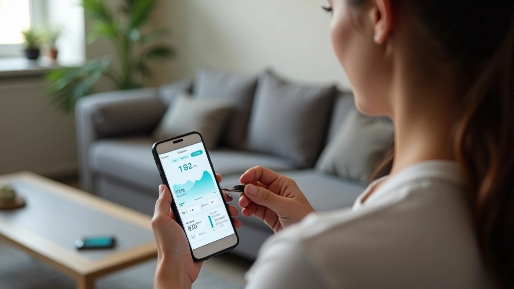 Woman checking blood pressure with digital monitor at home, health data displayed on smartphone nearby, modern living room, w