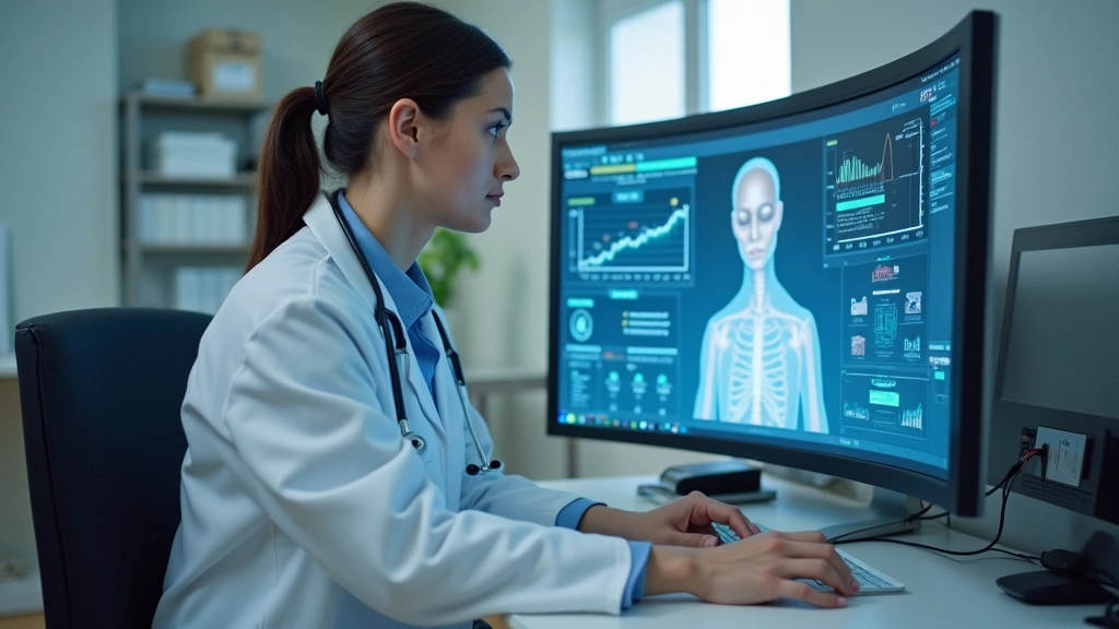 Healthcare provider reviewing patient data on computer screen in clinical office, digital health dashboard visible, professio