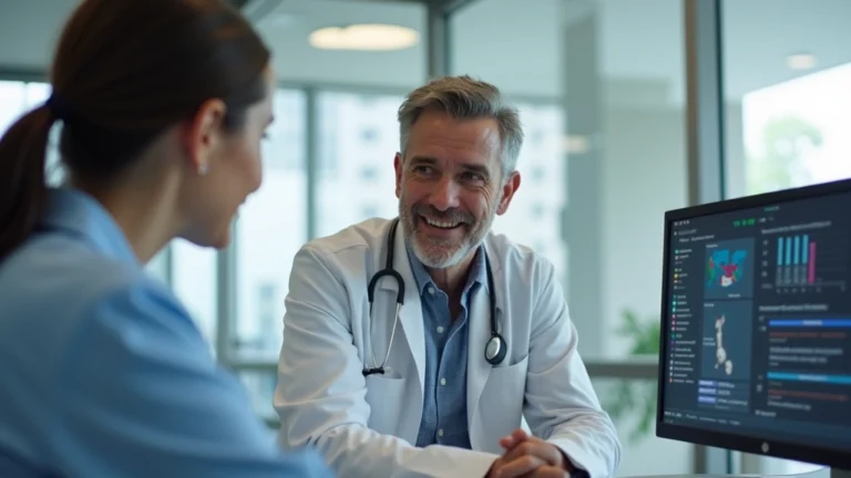 Professional health insurance representative discussing coverage options with diverse patient in modern medical office setting, digital screens visible