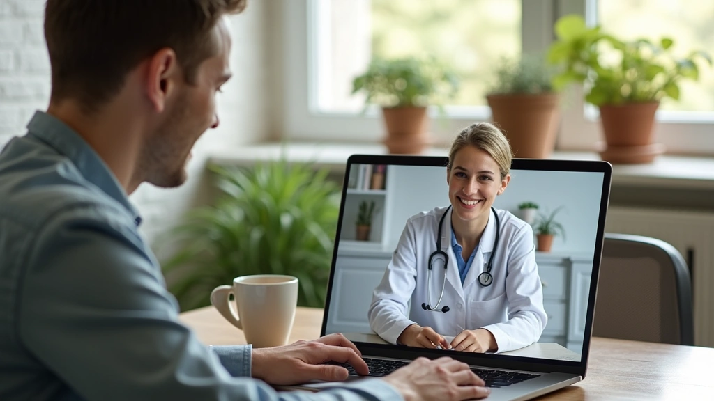 Young professional on video call with doctor through telehealth platform on laptop, home office background with plants and na