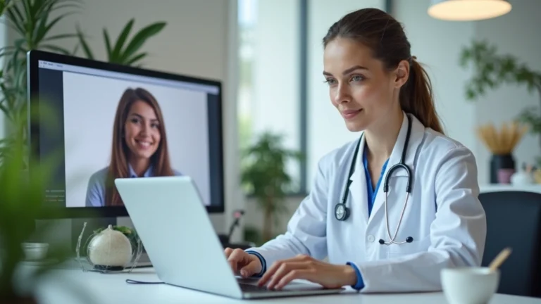 Professional female doctor conducting virtual consultation on laptop in modern medical office, patient on screen, healthcare technology setting, natural lighting