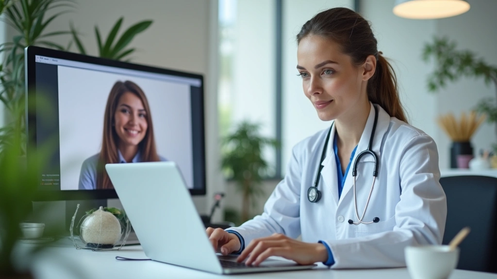 Professional female doctor conducting virtual consultation on laptop in modern medical office, patient on screen, healthcare technology setting, natural lighting