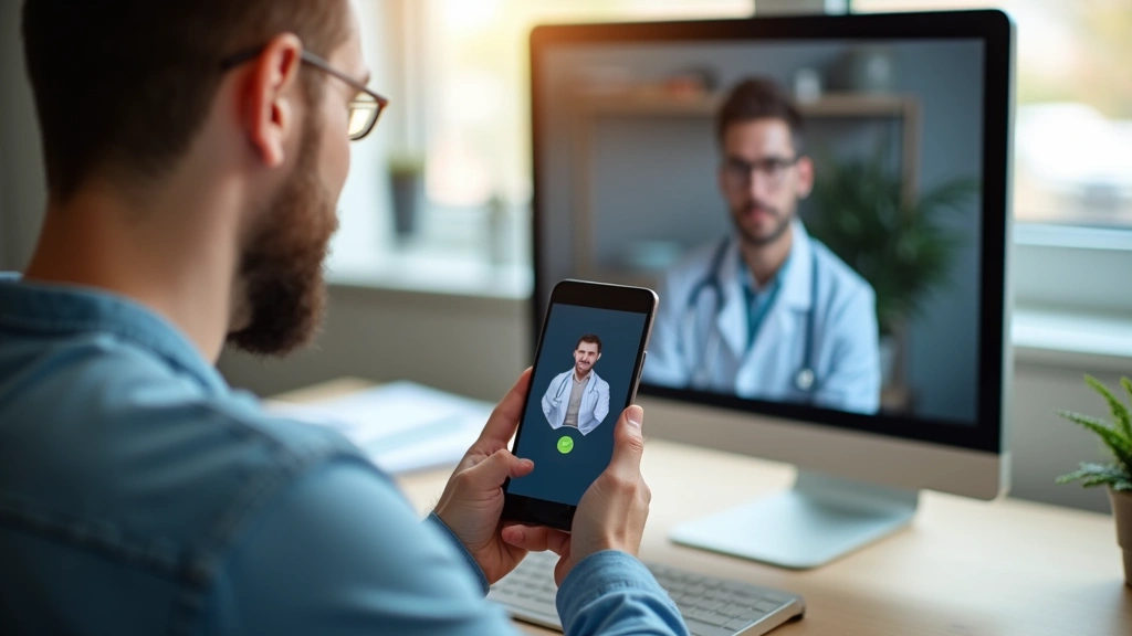 Male patient using smartphone for telehealth appointment with doctor visible on screen, home office environment, healthcare d
