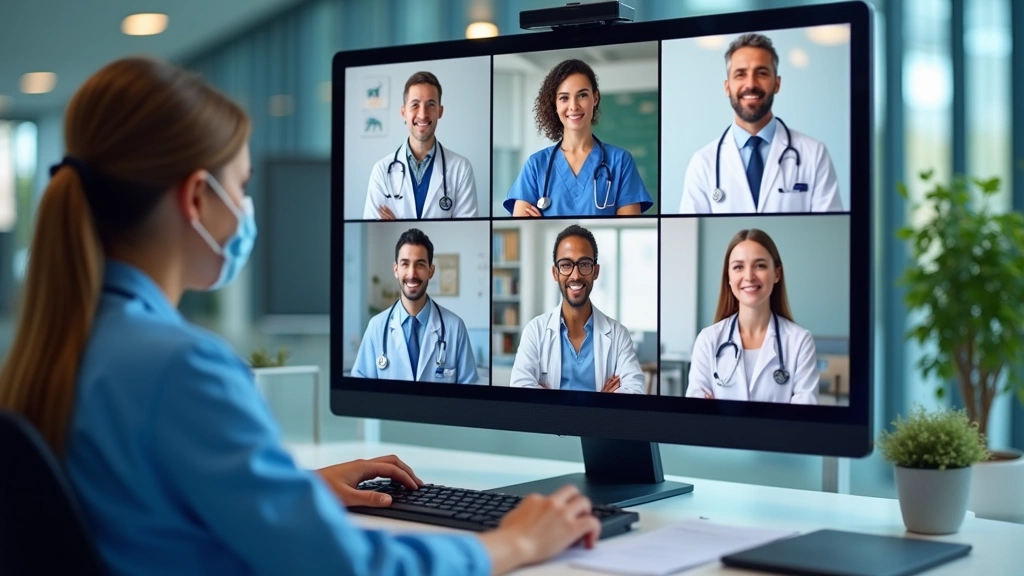 Diverse group of healthcare providers in virtual meeting on computer screens, telemedicine platform interface, professional m