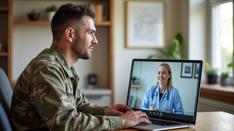 Military service member in uniform having a video consultation on laptop with healthcare provider, professional home office setting, natural lighting, focused expression