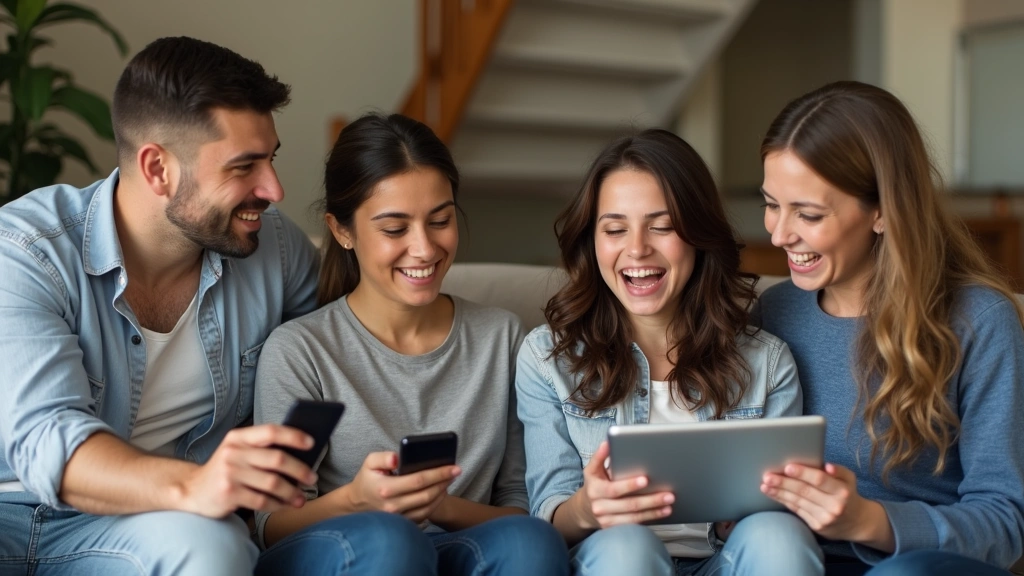 Diverse military family members using tablets and smartphones for telehealth appointments, comfortable home setting, various 