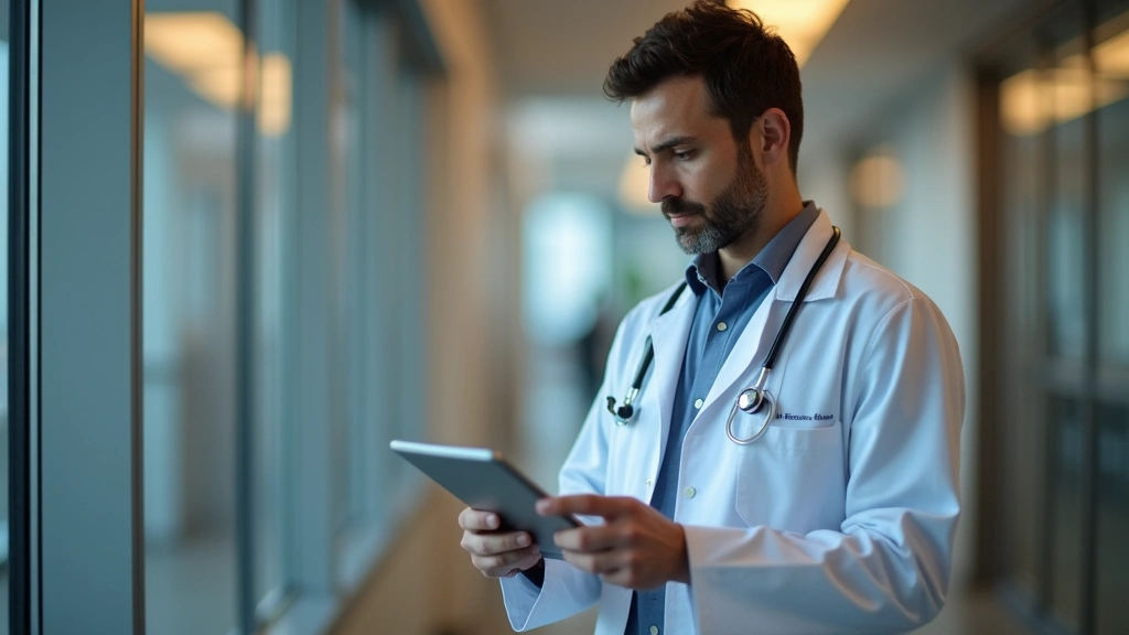 Healthcare provider in white coat reviewing patient medical records on tablet in modern clinic setting with warm lighting