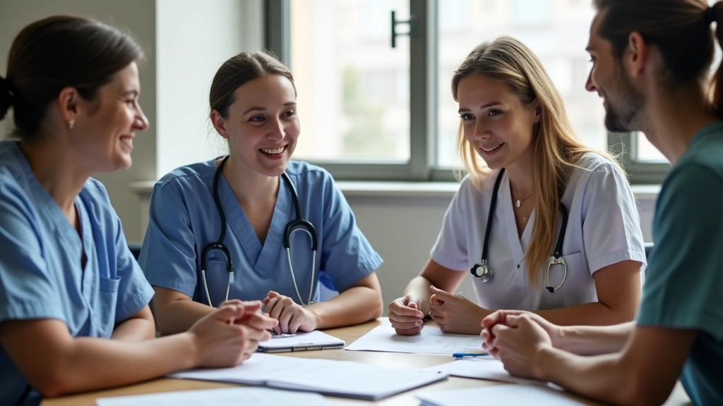 Diverse care coordination team including nurse, social worker, and behavioral health specialist reviewing patient files at co