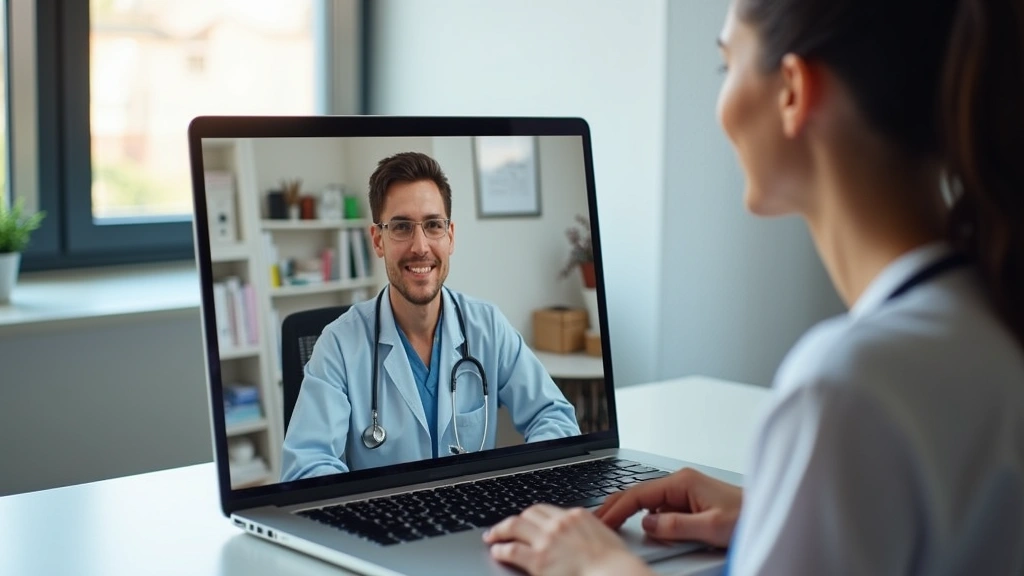Telehealth consultation on laptop screen showing patient speaking with healthcare provider in professional medical office env