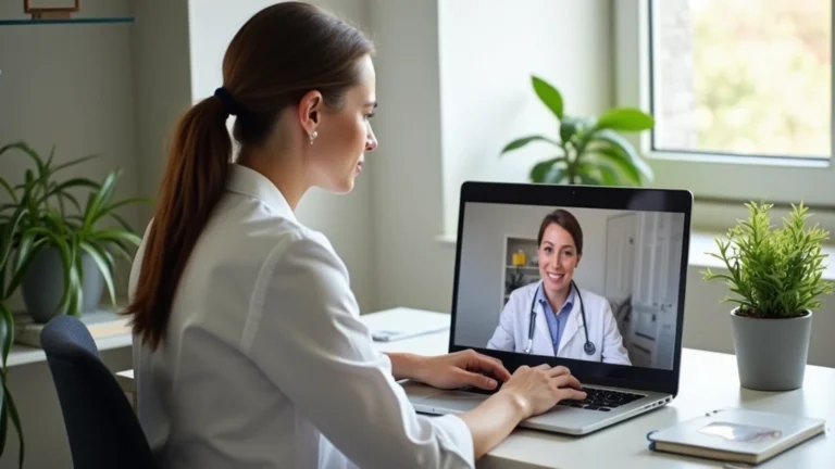 Professional woman in home office setting having video consultation with doctor on laptop screen, bright natural lighting, modern workspace with plants