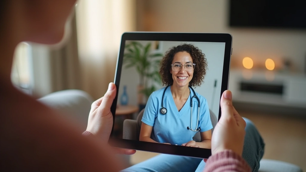 Diverse patient holding tablet device during telehealth video call with healthcare provider, comfortable home setting, warm n