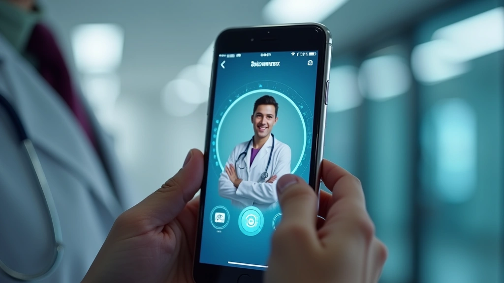 Close-up of hands holding smartphone showing secure medical video conference interface, healthcare professional visible on sc