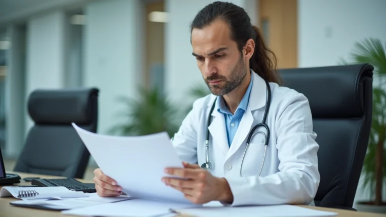 Professional healthcare administrator reviewing financial documents at office desk, serious expression, modern hospital administrative office setting