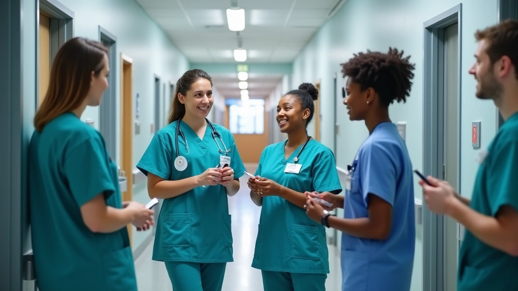 Diverse healthcare workers in hospital hallway discussing patient care, wearing scrubs and medical attire, collaborative clin