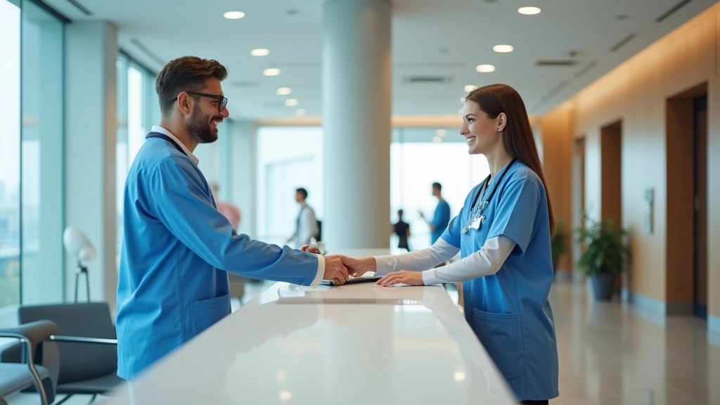 Professional patient checking in at modern hospital reception desk with friendly staff member, bright clean hospital lobby with contemporary design