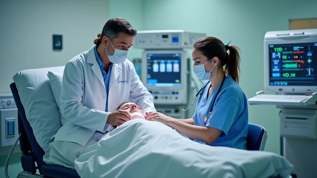 Board-certified emergency physician examining patient in modern emergency department with advanced medical equipment and moni