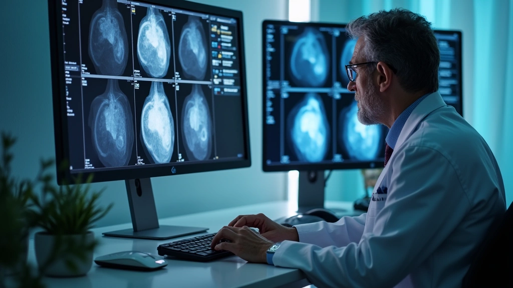 Cardiologist reviewing patient heart scan results on computer workstation in contemporary hospital consultation room with med