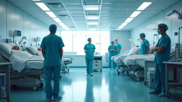 Modern hospital emergency department with healthcare professionals in medical scrubs attending to patients, bright clinical lighting, professional medical environment