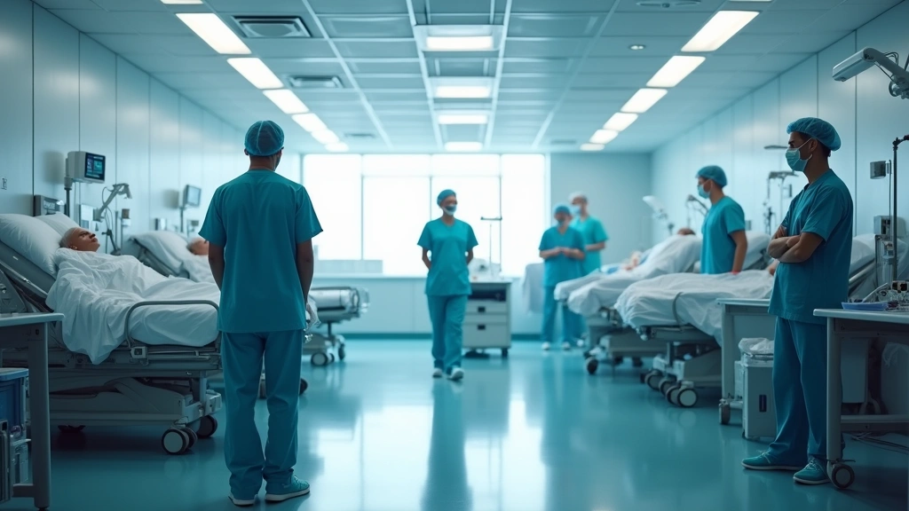 Modern hospital emergency department with healthcare professionals in medical scrubs attending to patients, bright clinical l