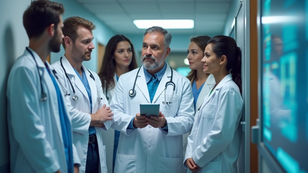 Diverse medical team in white coats collaborating in a hospital corridor, reviewing patient charts on digital displays, acade