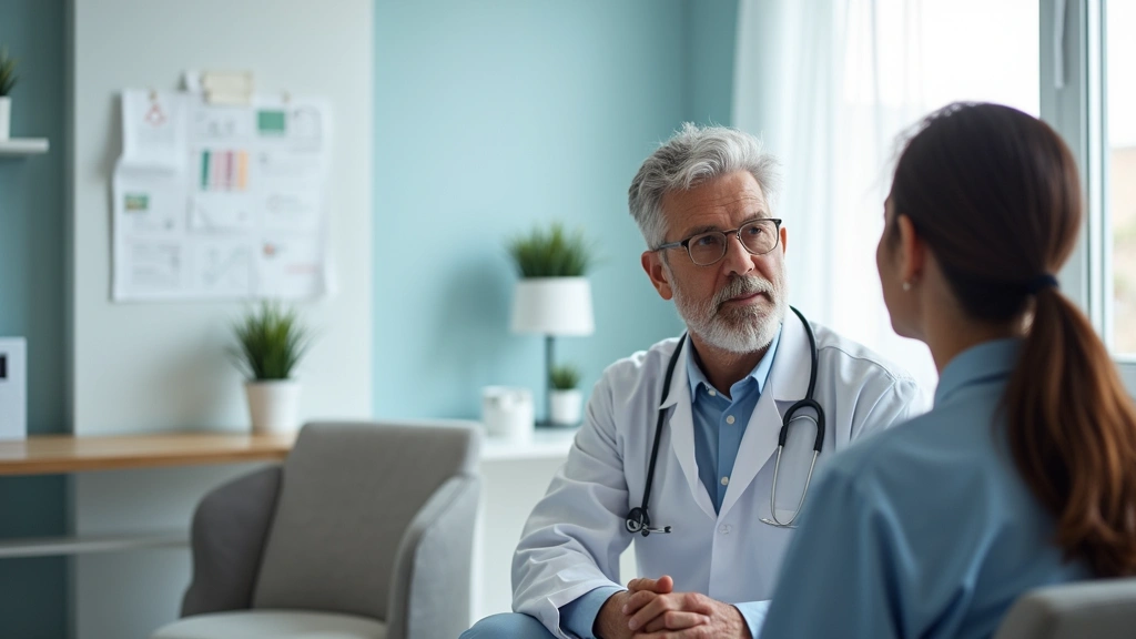 Patient consultation room with physician and patient discussing treatment options, comfortable clinical environment, modern m