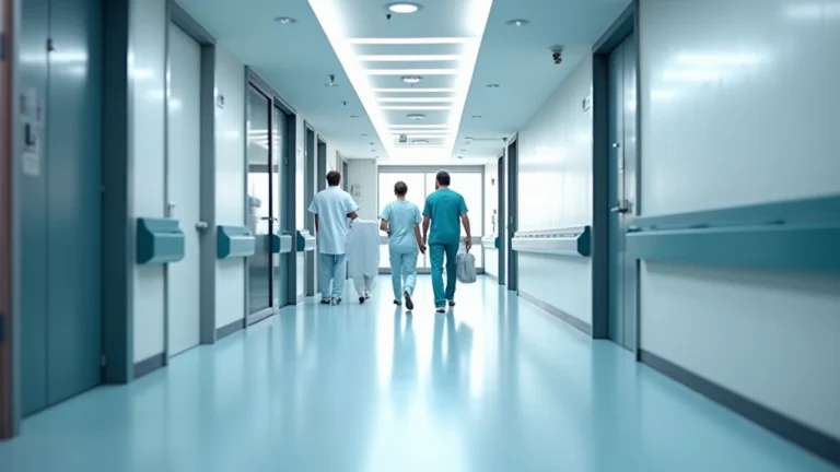 Modern hospital corridor with bright lighting, clean medical environment, healthcare professionals walking with purpose, contemporary medical facility interior design